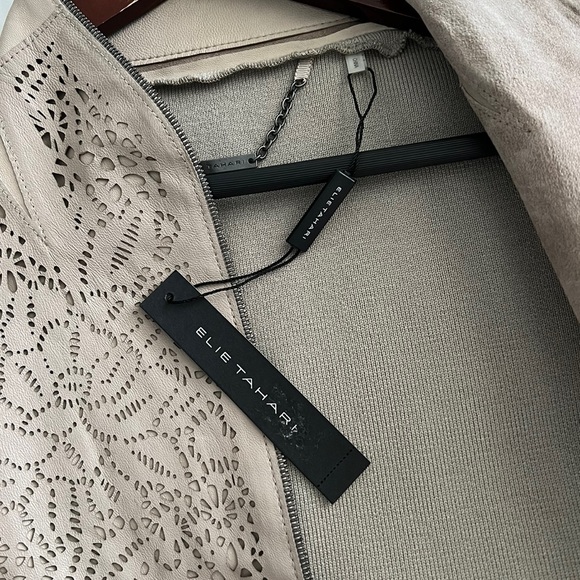 Elie Tahari Shira Leather Jacket Size Large Laser Cut Sahara Khaki - Picture 12 of 15